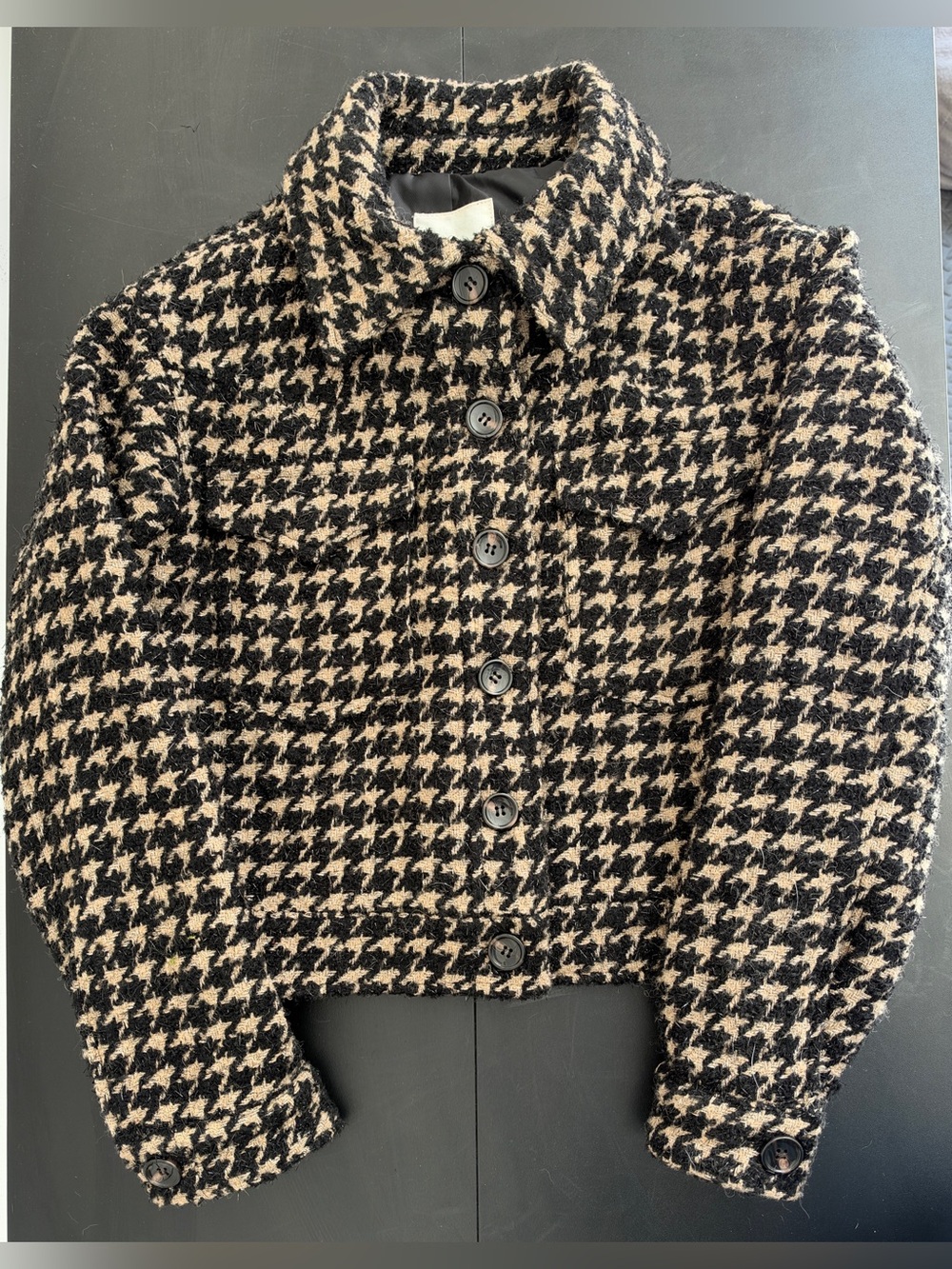 Avec Les Filles Houndstooth Cropped Tweed Jacket Black Tan Size Small